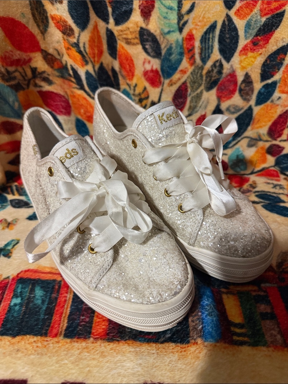 Keds White Glitter Platform Sneakers with Satin Laces